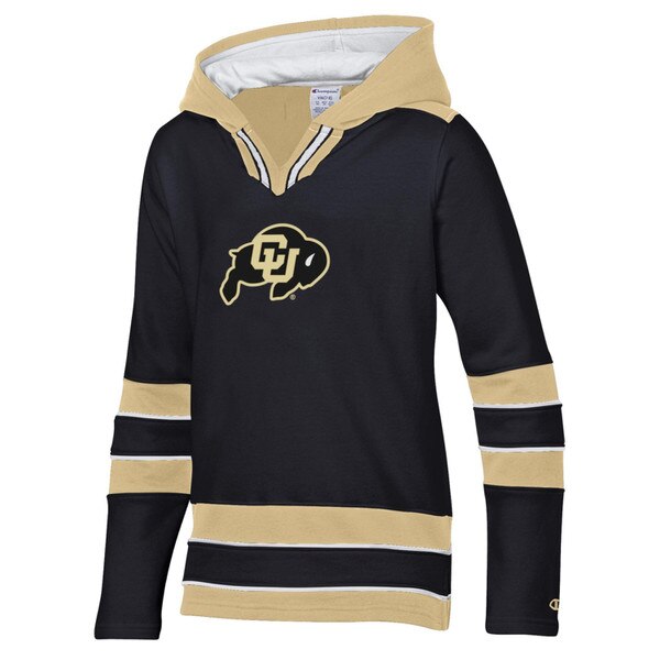 A black hoodie with the CU Buffalo logo embroidered in black and gold across the chest. The hood is yellow, and it features a v-neckline. Black and gold stripes on the sleeves and at the bottom.
